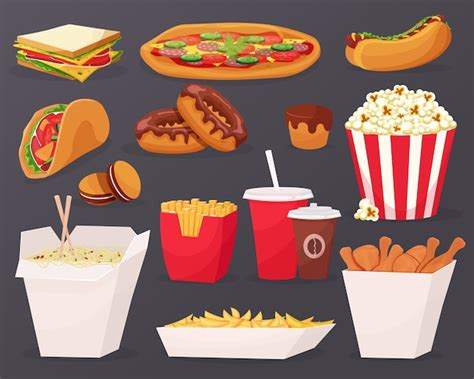 Fast food cartoon icons on black background | Premium Vector