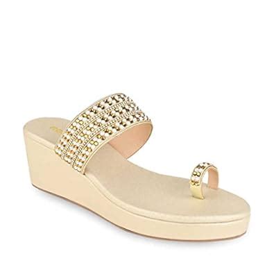 ROCIA by Regal Gold Women One Toe Pearl Embroidered Wedges : Amazon.in ...