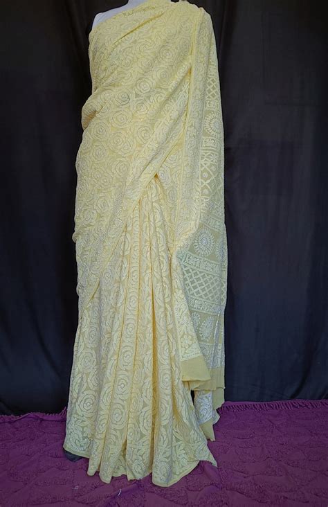 Ruhani Yellow Rose Saree with Allover Chikankari Hand Embroidery