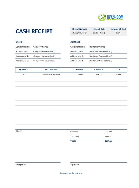 Payment Receipt Template Excel