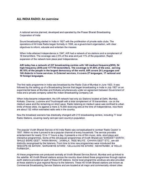 ALL India Radio An overview - ALL INDIA RADIO: An overview A national ...
