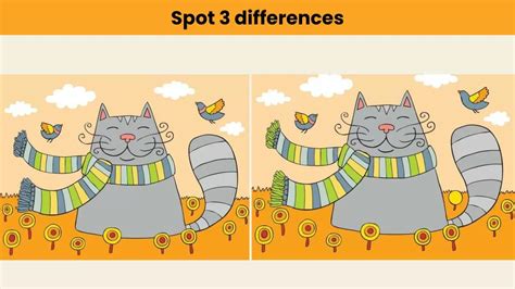 Spot 3 differences between the smiling cat pictures within 7 seconds.