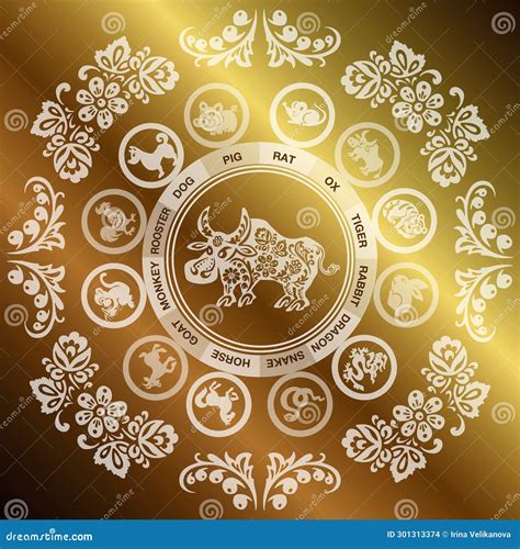 Bull, Buffalo, Taurus Card with Gold in Ethnic Russian Style, Symbol of ...