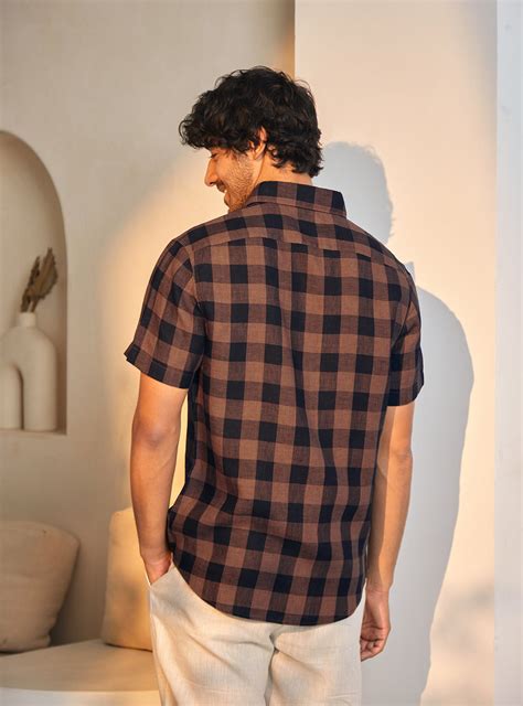 Buy Mochachino Linen Shirt - Half | Casual Brown Checks Shirts for Men ...
