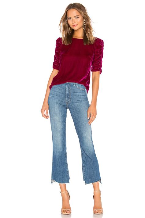 Rebecca Taylor Ruched Sleeve Velvet Top in Cranberry | REVOLVE