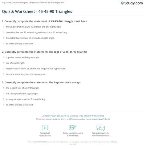 Quiz & Worksheet - 45-45-90 Triangles | Study.com