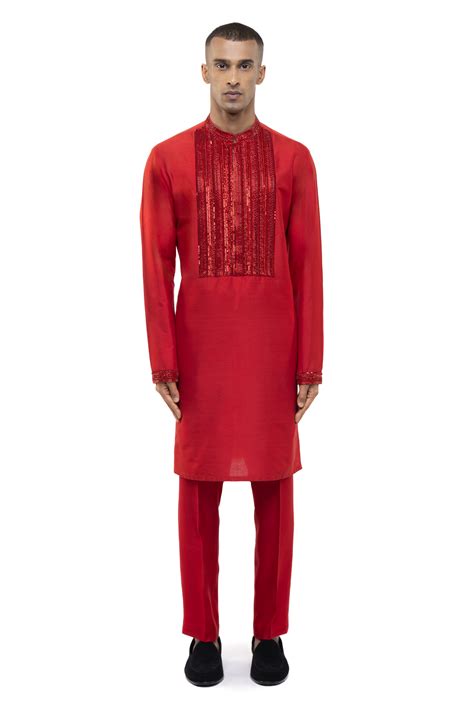 Red Silk Geometric Lines Embellished Kurta Set - SDS | KUSHAL SHAH