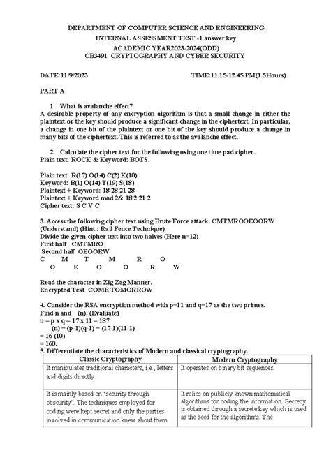 CB3491 Internal Assessment Test Answer Key: Cryptography & Cyber ...