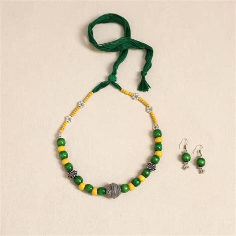 German Silver Wooden Beads Necklace Set