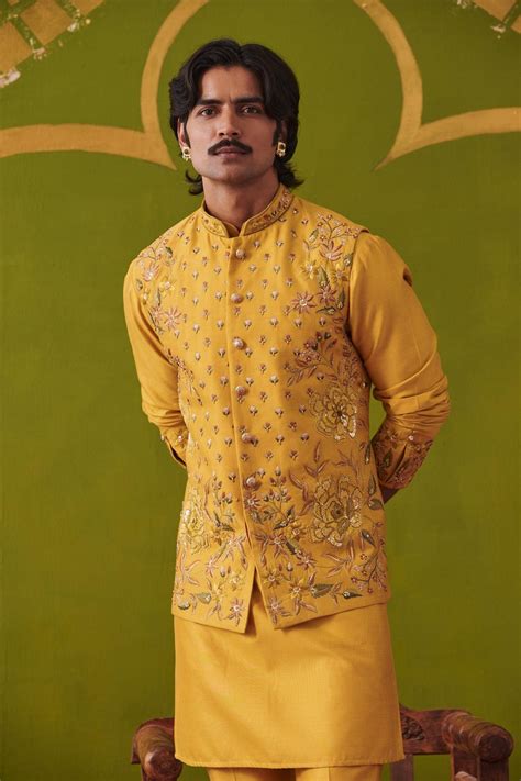 Buy Mustard Kurta Set for Men with Waistcoat | Hand Embroidered Silk ...