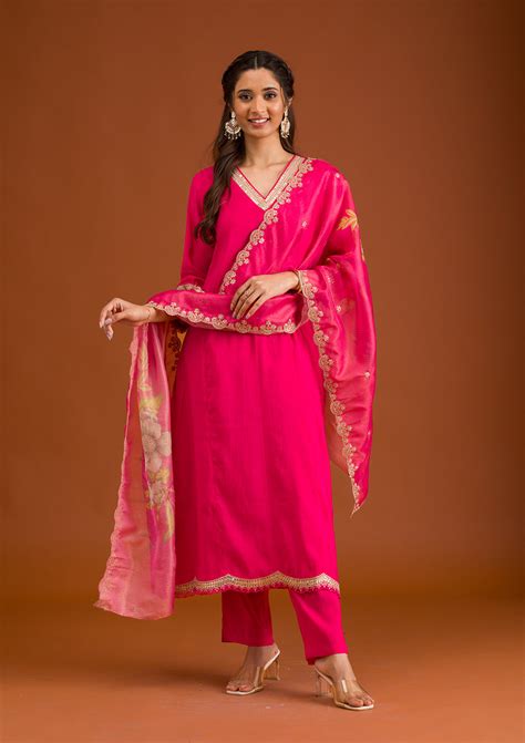 Buy Pink Zariwork Semi Crepe Readymade Salwar Suit - Koskii