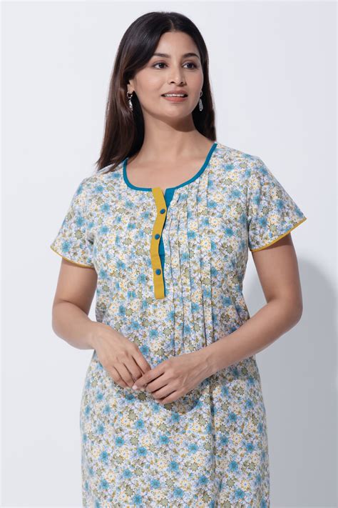 Teal Blue Floral Poly Cotton Nighty with Pin Tuck & Button Closure ...