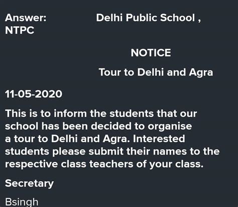 Your school is organising a tour to Delhi and Agra. You are secretary ...