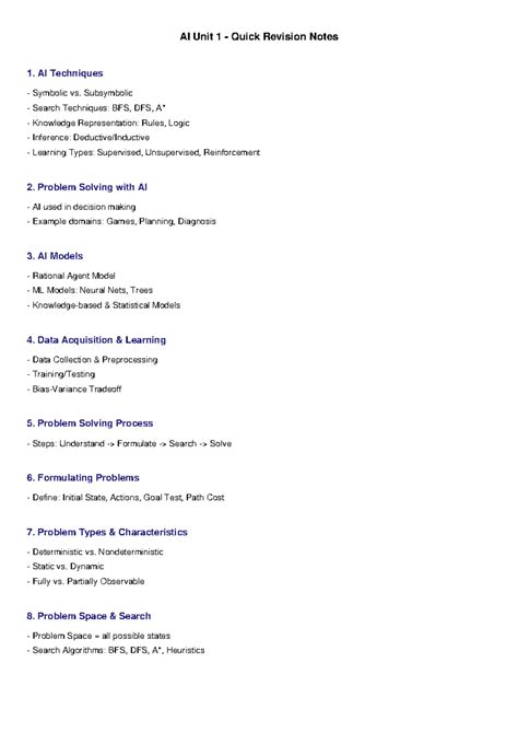 AI Unit 1 Revision Notes: Techniques, Models, and Problem Solving - Studocu