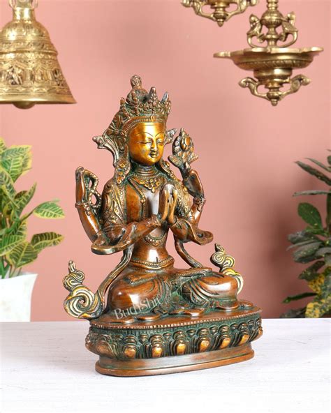 Brass Avalokiteshvara Tibetan Buddha Statue – 4 Armed Chenrezig ...