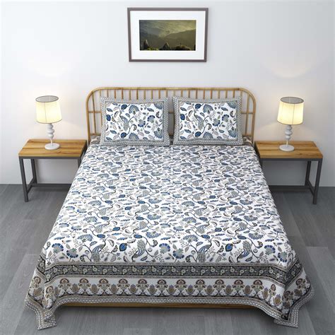 Pure Cotton Printed Bedsheet- Double Bed -Golden Blue Peacock – Bunkraft