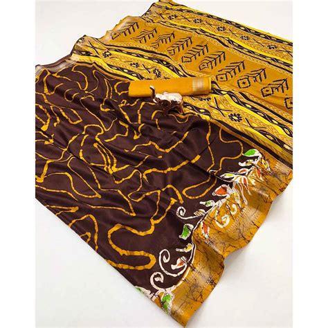 Majestic Brown Batik Abstract Printed Cotton Blend Saree With Elegant