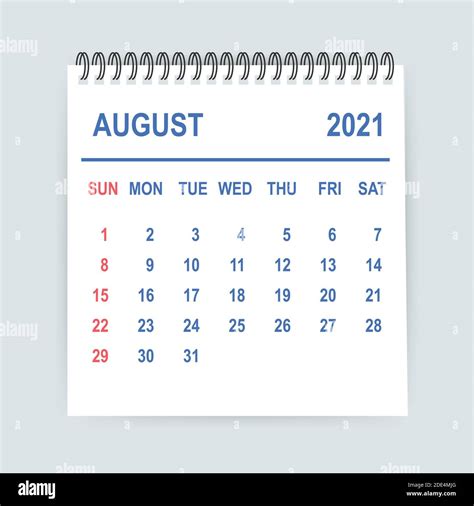 August 2021 Calendar Leaf. Calendar 2021 in flat style. Vector illustration Stock Vector Image ...