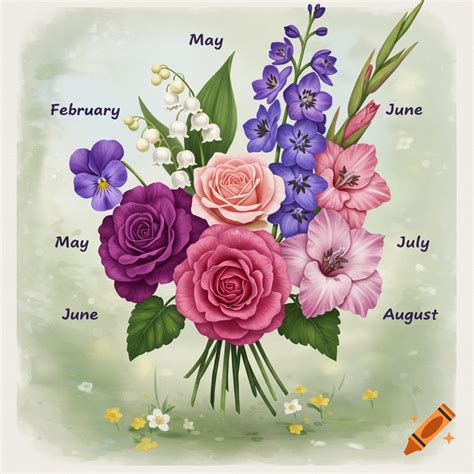 An illustration of a bouquet of birth flowers labeled with months ...