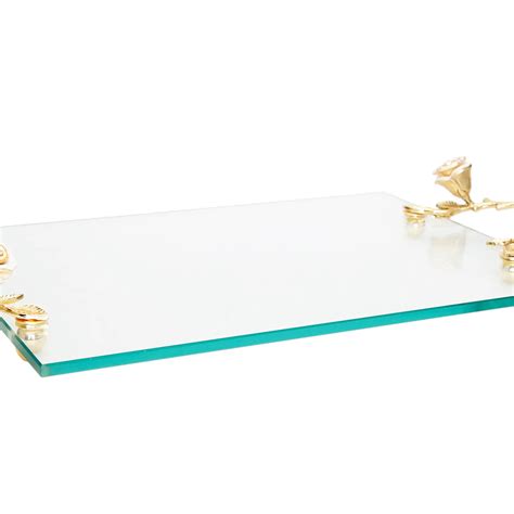 Glass Tray w/ White & Gold Rose Handles | DarlingDiamondDecor