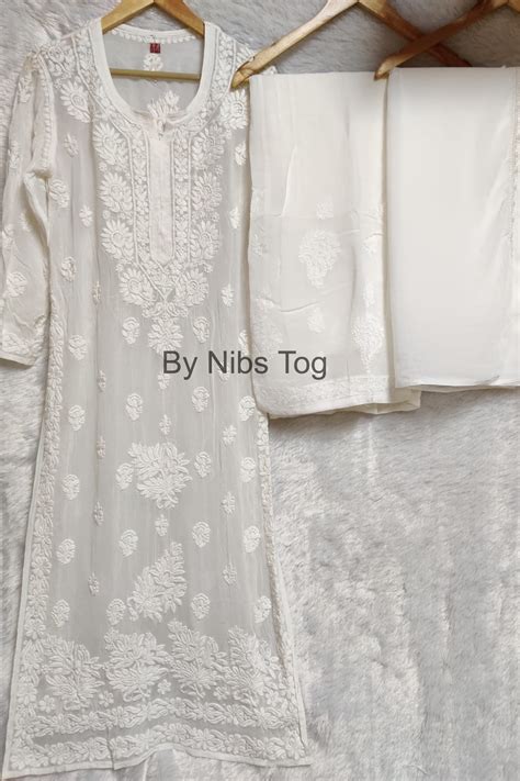 Buy White Lucknowi Chikankari Kurta Set With Dupatta FREE INNER Online ...