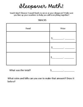 Sleepover Math Menu Money Project Based Learning by Mad's Monkeys