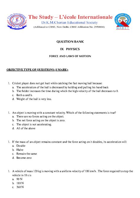 QUESTION BANK IX PHYSICS: FORCE AND LAWS OF MOTION OBJECTIVE QUESTIONS ...
