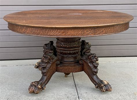 54" Round Oak Lion Head Claw Foot Table with 4 original leaves - Doug Schmitt Antiques