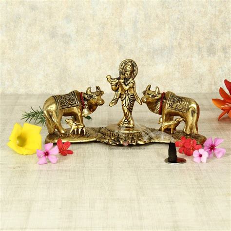 Handicrafts Paradise Krishna with 2 Cows showpiece in Metal for Home ...