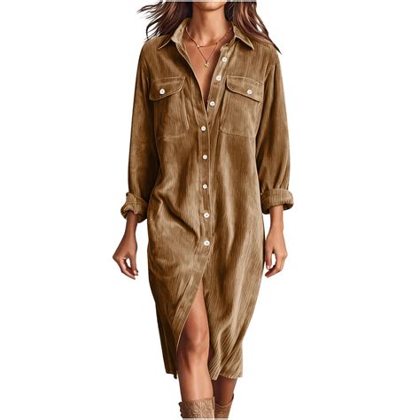 Byworldtasic Corduroy Shirt Dresses for Women Button Down Tunic Midi ...