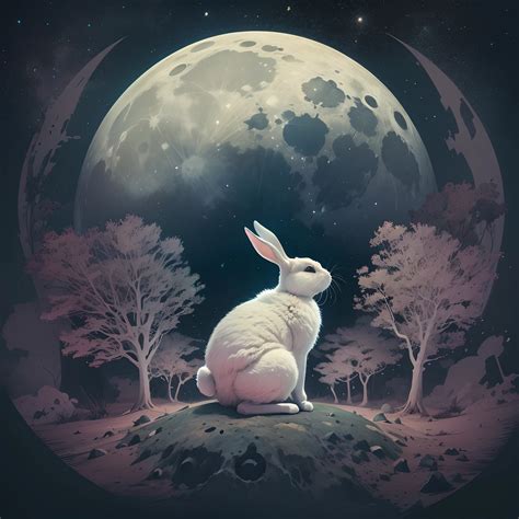 A white rabbit sitting on a rock in front of a full moon - SeaArt AI