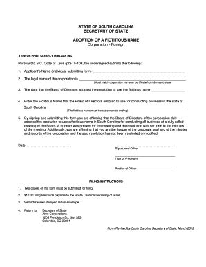 Fillable Online sos sc state of south carolina corporation adopting a ...