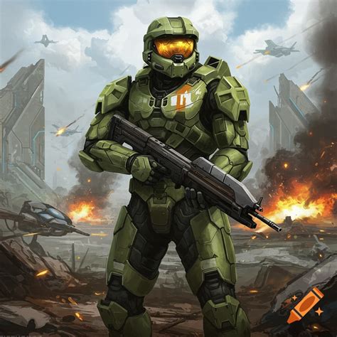 Master Chief in green armor stands on an alien planet at sunset, with ...