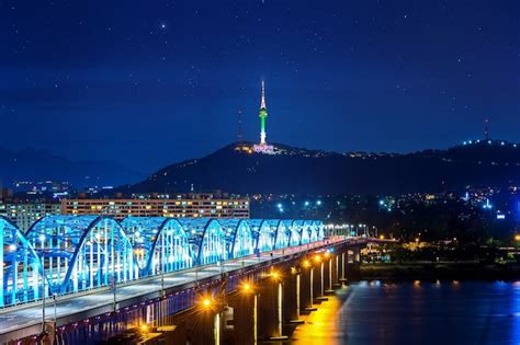 View of downtown cityscape at dongjak bridge and seoul tower over han ...