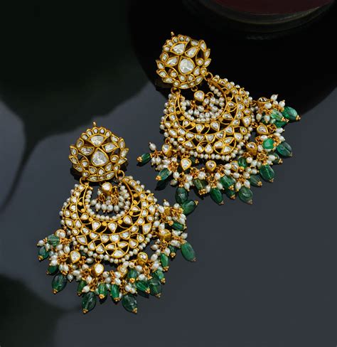 Dramatic Polki Emerald with Pearl Gold Chand Bali – Darpan Mangatrai ...