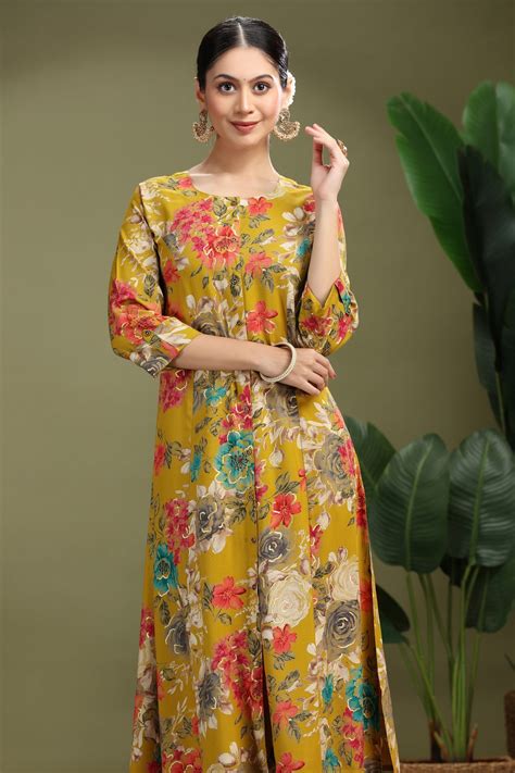 Mustard Rayon Printed A Line Kurta Pant Co ord Set – Cotton Culture