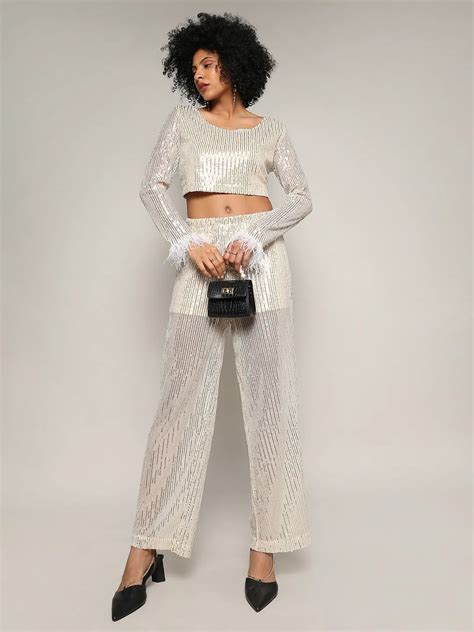 Pinacolada Women's Beige Sheer Sequin Co-Ord Set – Skipp