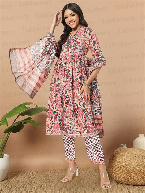 Peach Round Neck Floral Print Rayon Kurta Sets – The Fab Factory