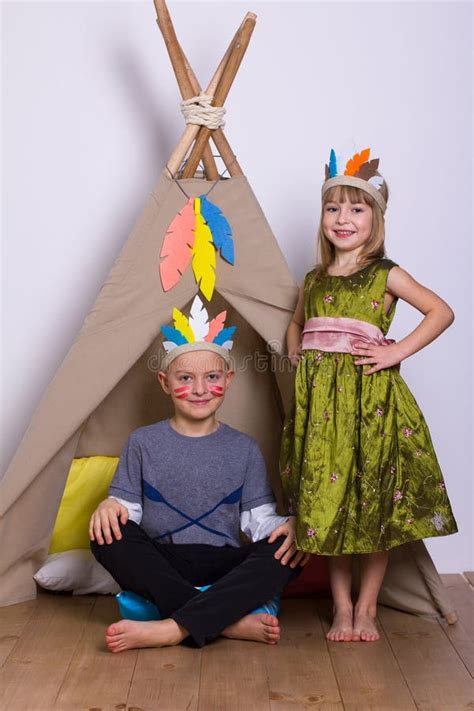 Girl and Boy in Carnival Costumes Indians Studio Stock Image - Image of ...