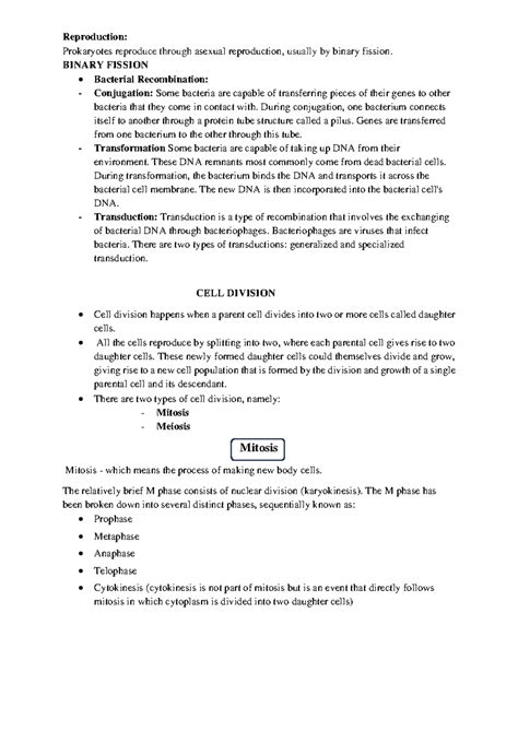 Cell Division MIS - notes - Reproduction: Prokaryotes reproduce through ...