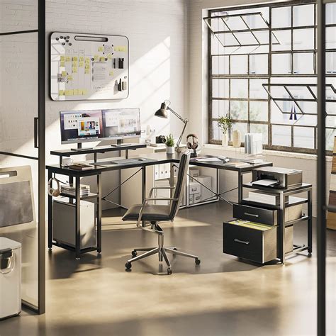 Buy KKL L Shaped Desk with Drawers, 55 Computer Desk with File Drawer ...