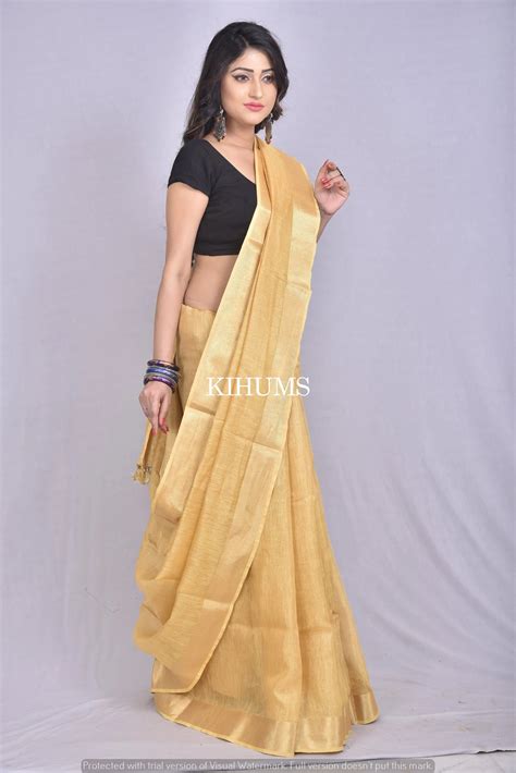 Golden Shade Tissue Linen Saree | Gold Zari border - kihums clothing