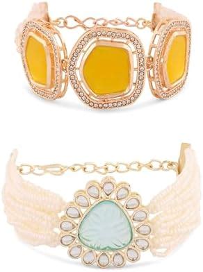 Buy ZAVERI PEARLS Set Of 2 Yellow & Turquoise Blue Multistrand ...
