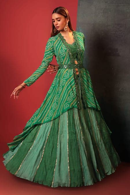 Buy Green Georgette, Silk Mirrors, Embroidery, Gota Bandhani Woven ...