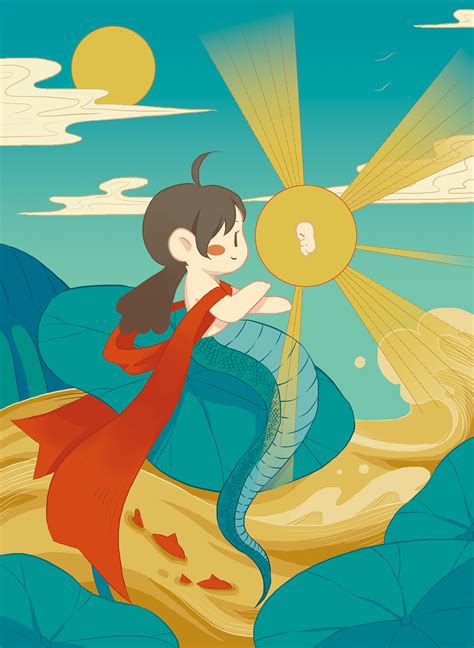 中国民间神话故事“女娲斩黑龙”的插画创作_一个角宿-站酷ZCOOL