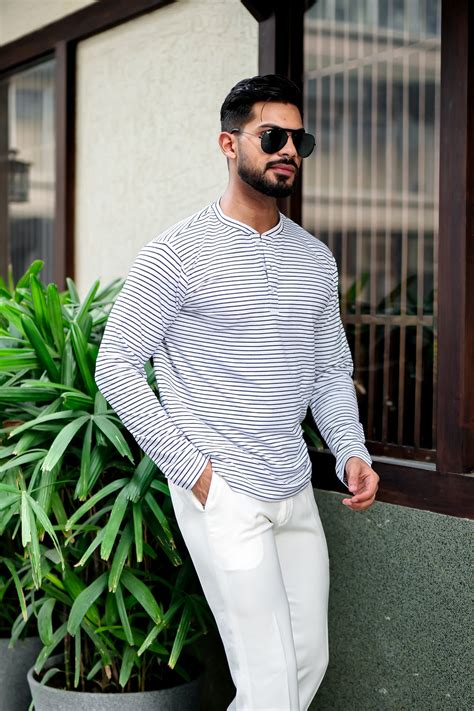 White Cotton Striper Henley Neck T-Shirt – Gritstones