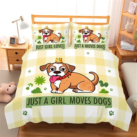 Cheerful 3-Piece Yellow & White Duvet Cover Set with Cartoon Dog ...