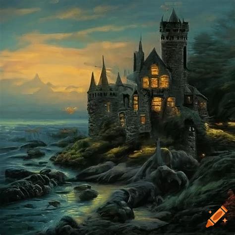 Dark and mysterious castle painting by Thomas Kinkade on Craiyon