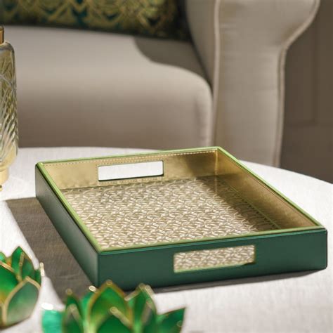 Dark Green Lazer Cut Rectangle Faux Leather Tray