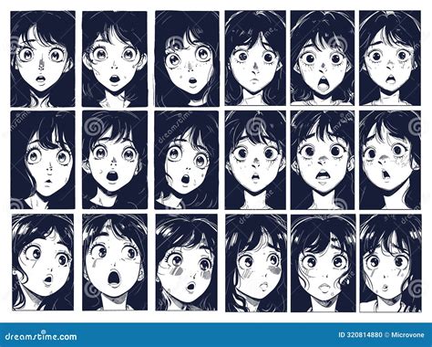 Japan Girl Close Up Face Emotions Comic Ink Sketch Vector Set. Anime ...